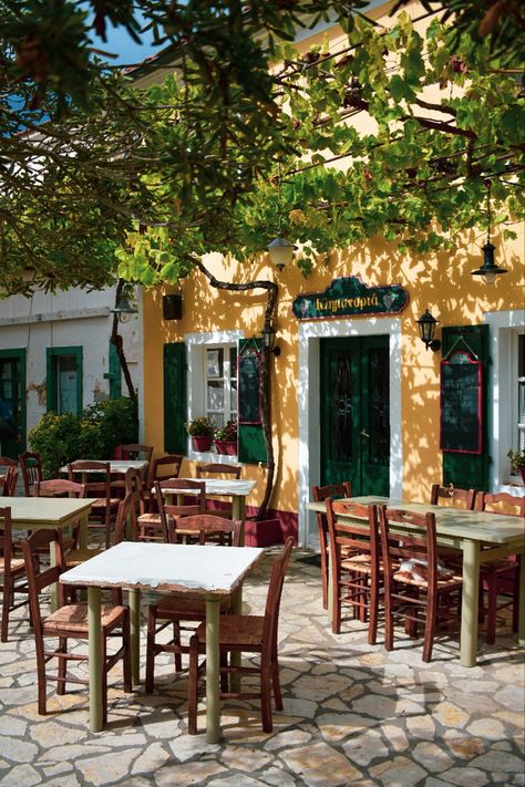 Greece Cafe Interior, Greek Cafe Aesthetic, Greek Cafe Interior Design, Greek Restaurant Interior, Greek Restaurant Design, Open Cafe Outdoor Design, Greek Coffee Shop, Greece Cafe, Mediterranean Cafe