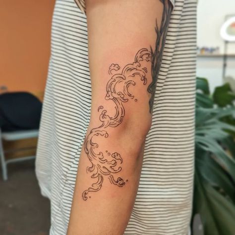 Cloud Elbow Tattoo, Abstract Elbow Tattoo, Elbow Fold Tattoo, Big Line Work Tattoo, He Would Love First Tattoo, Over The Elbow Tattoo, Outside Of Arm Tattoo, Love First Tattoo, Elbow Wrap Tattoo