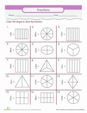 Second Grade Fractions Worksheets: Color the Fraction Worksheet Free Fraction Worksheets For First Grade, Fraction Coloring Worksheets, Worksheet On Fractions For Grade 2, Fraction 2nd Grade, Simplify Fractions Worksheet, Math Fractions Worksheets, 3rd Grade Fractions, 3rd Grade Math Worksheets, 2nd Grade Math Worksheets