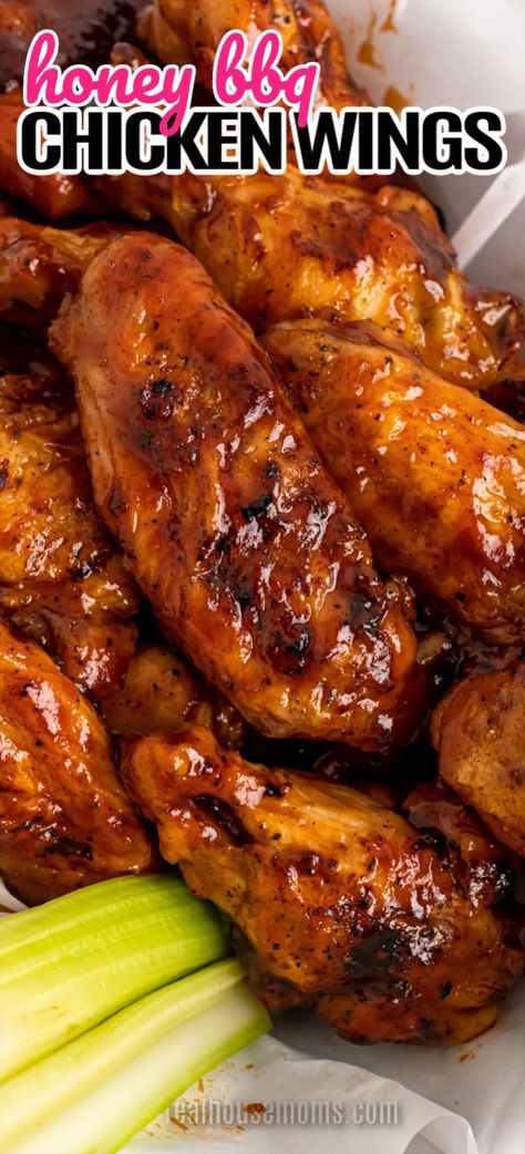 This sticky, sweet wing sauce is the secret to the best Honey BBQ Chicken Wings your friends and family have ever tasted! #Realhousemoms #honeybbq #wings #appetizer #bbq #chickenwings #appetizer #gameday #footballsunday #potluck Honey Sauce For Chicken, Honey Bbq Wings Recipe, Chicken Wing Sauce Recipes, Bbq Wings Recipe, Honey Bbq Chicken Wings, Bbq Chicken Wings Recipe, Honey Bbq Wings, Honey Chicken Wings, Easy Chicken Wings