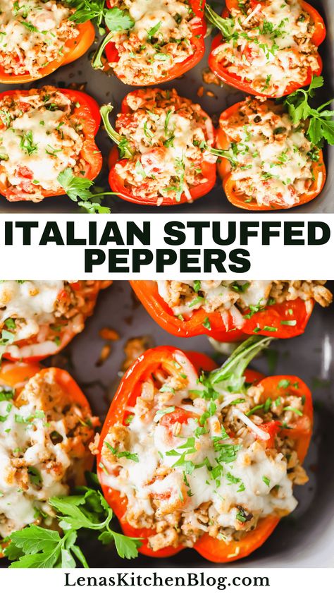 Try this Italian stuffed peppers recipe for a light, healthy, and affordable meal! Juicy ground chicken is combined with tender farro and savory vegetables, then stuffed into your choice of bell peppers. With a layer of melted mozzarella on top, each bite is better than the last. Make it for a quick weeknight dinner, or serve it for guests on special occasions. Chicken Bell Pepper Recipes, Ground Chicken Stuffed Peppers, Healthy Stuffed Bell Peppers, Italian Stuffed Peppers, Stuffed Peppers Healthy, Stuffed Peppers Recipe, Chicken With Italian Seasoning, Freezer Friendly Meals, Bell Pepper Recipes