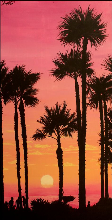 Sunset With Palm Trees Painting, Tropical Sunset Painting, Sunset Palm Tree Painting, Sunset Drawing Easy, Palm Tree Paintings, Sunset Art Painting, Palm Painting, Palm Trees Art, Palm Tree Artwork