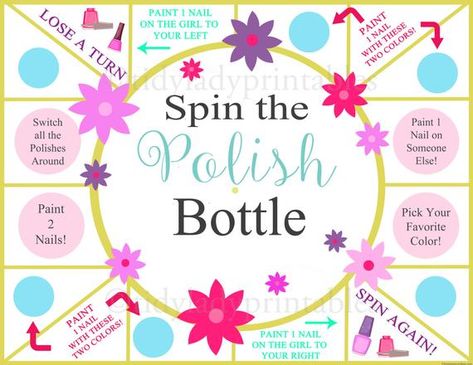 Pijamas Party Ideas, Girls Party Games, Party Sleepover, Nail Polish Bottle, Slumber Party Games, Kids Spa, Spin The Bottle, Sleepover Birthday Parties, Girl Sleepover