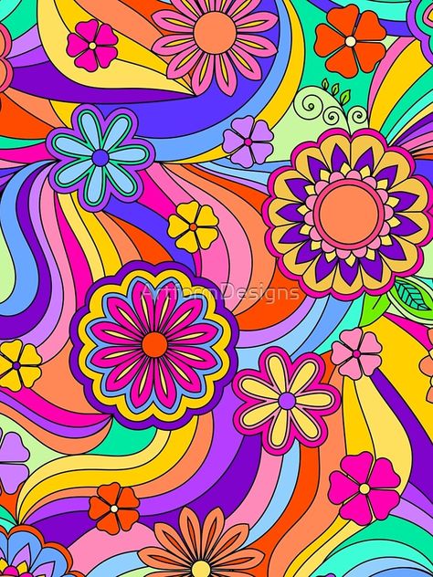 "Groovy Psychedelic Flower Power" A-Line Dress by ArtformDesigns | Redbubble Flower Power Art, Retro Color Palette, Trippy Designs, Color Design Inspiration, Hippie Painting, Hippie Flowers, Hippie Wallpaper, Rainbow Wallpaper, Bullet Journal Lettering Ideas