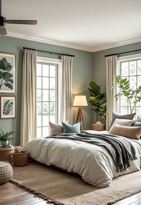 Sage Green Farmhouse Bedroom Light Sage Green Bedroom Walls, Light Sage Walls, White And Olive Green Bedroom, Sage Green Boys Room, Cream And Sage Bedroom, Light Sage Green Bedroom, Sage Green Bedroom Walls, Green And Gray Bedroom, Sage Green Farmhouse Bedroom