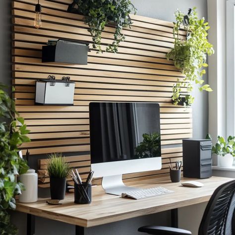 Wood slat wall home office organizer Home Office Slat Wall, Office Slat Wall, Office Wood Wall, Slat Wall Ideas, Diy Wood Slat Wall, Rustic Backsplash, Neutral Flooring, Bath Redo, Industrial Style Decor