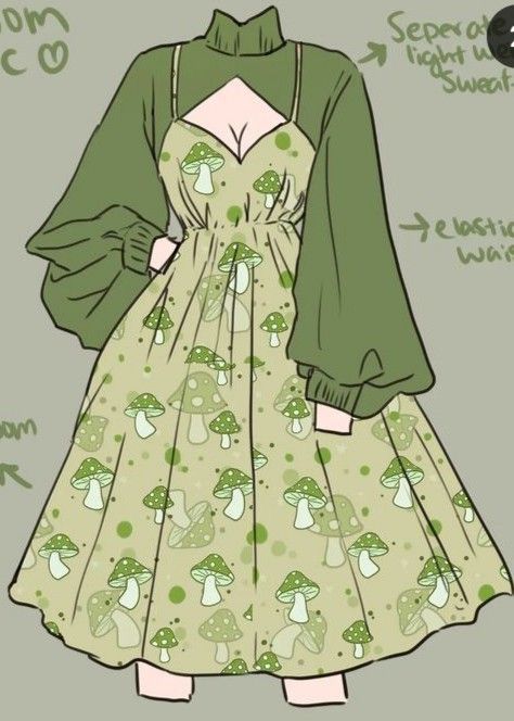 Cute Dress Drawing Reference, Princess Art Oc, Mushroom Clothes Drawing, Anime Outfit Ideas Female, Clothing Design Sketches Aesthetic, Flower Outfit Drawing, Mushroom Outfit Drawing, Mushroom Dress Drawing, Fantasy Clothes Drawing Reference