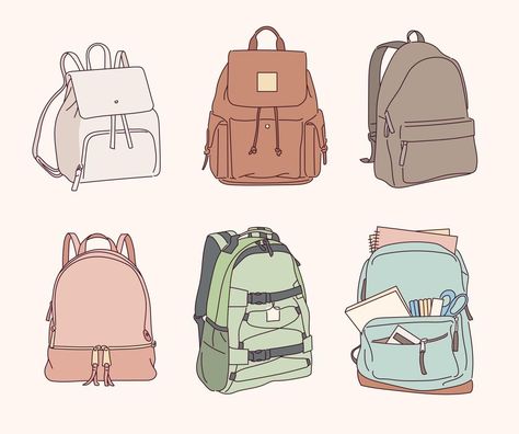 Backpack Drawing, Bag Drawing, Backpack Collection, Drawing Accessories, Poses Drawing, Props Art, Drawing Bag, Design Illustrations, Drawing Drawing