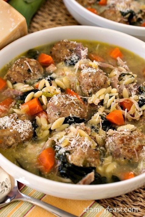 Turkey Meatball Soup with Orzo - A Family Feast® Soup With Orzo, Turkey Meatball Soup, Ground Turkey Meatballs, Meatball Soup Recipes, Turkey Meatball, Hearty Soup Recipes, Turkey Meatball Recipe, Orzo Soup, Orzo Recipes