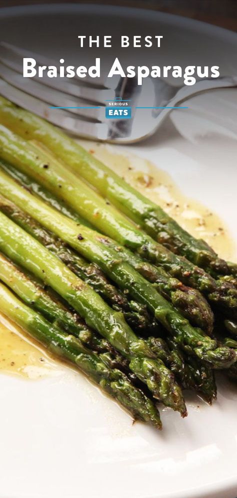 Braised Asparagus | These braised asparagus are an easy side for any meal, from Easter dinner, to weeknight salmon, to grilled meats at a summer barbecue. #easter #eastersunday #easterdinner #happyeaster #easterrecipes #seriouseats #recipes #spring Restaurant Style Asparagus, Easter Asparagus Recipes, Fancy Asparagus, Asian Asparagus Recipes, Braised Asparagus, Weeknight Salmon, Carrabbas Recipes, Recipe Asparagus, Fiber Recipes