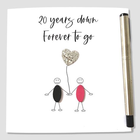 "20th Wedding Anniversary Card 20 Years Down Him Her Husband Wife. This 20th Anniversary card '20 years down forever to go' is designed with a stick couple holding a silver glitter fabric heart balloon.  The two stick people are embellished with leather, faux leather or cork vegan leather clothing.  Colours of clothing will be random with each card created.   The inside of the card is left blank. If you would like a short message printed inside the card, then please select the option of With Ins Stick Couple, Silver Wedding Cards, 20 Years Anniversary, 20th Anniversary Cards, Bronze Wedding Anniversary, 20th Wedding Anniversary, Anniversary Cards For Him, Pearl Anniversary, Bronze Wedding