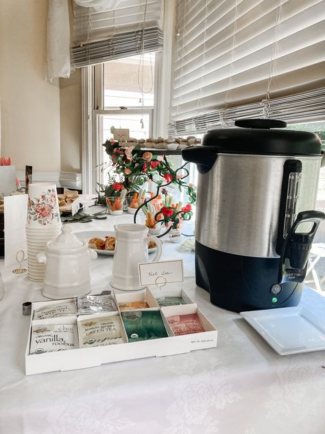 High Tea Drinks Station, Coffee And Tea Station Party, Tea Bar Ideas Bridal Showers, Tea Bar For Party, Tea Party Station, Hot Tea Bar Station Party, Simple Tea Sandwiches, Hot Tea Bar Ideas, Tea Party Tea Station