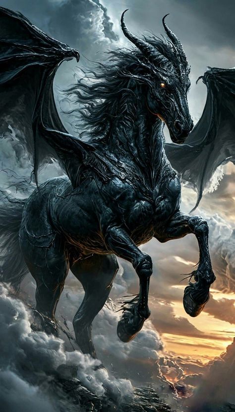 Fantasy Horse Art, Mythical Creature Art, Dragon Horse, Magical Horses, Mythical Creatures Fantasy, Black Unicorn, Spirit Animal Art, Fantasy Horses, Creature Artwork