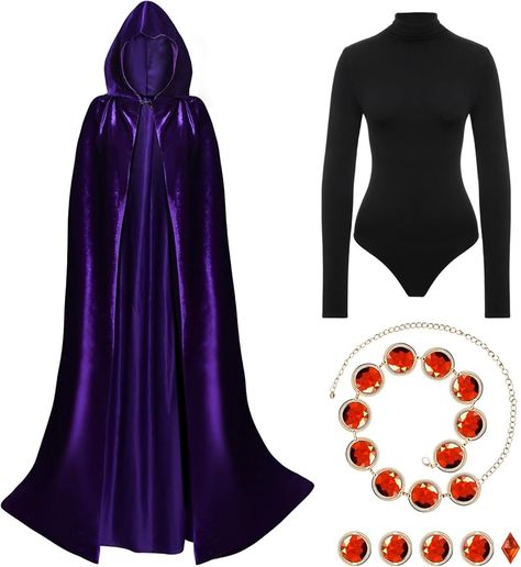 Amazon.com: Women's Halloween Cosplay Costume Purple Hooded Cloak Cape Long Sleeve Bodysuits with Adjustable Red Gem Waist Belt : Clothing, Shoes & Jewelry Mask Halloween Costume Women, Cosplay Bodysuit, Raven Costume, Halloween Fits, Cute Halloween Decorations, Black Cosplay, Purple Halloween, Halloween Costume Outfits, Hooded Cloak