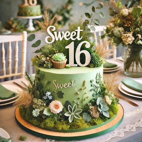 Nature-Inspired Cake - A sweet 16 birthday cake with a nature-inspired theme, featuring green and earthy tones, floral decorations, and a 'Sweet 16' topper. Ideal for an earthy celebration. Nature Birthday Cake Ideas, Birthday Cake Forest Theme, Sage Green And Gold Sweet 16 Cake, Earthy Cake Design, Enchanted Forest Themed Sweet 16, Garden Party Sweet 16 Theme, Forest Green Birthday Cake, Nature Theme Birthday Cake, Sweet Sixteen Party Ideas Green