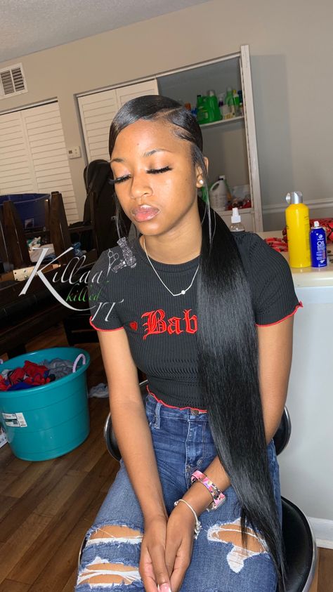 Left Side Part Ponytail, Side Swoop Ponytail Weave Curly, Ponytail With Side Pieces, Swoop Side Part, Low Swoop Ponytail Weave, Side Part Swoop Ponytail, Slick Ponytail Weave With Swoop, Side Part High Ponytail, Side Swoop Ponytail Weave