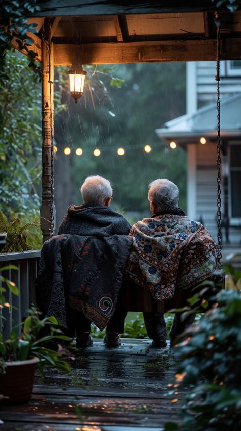 Cozy Rainy Evening: Two elderly individuals wrapped in a blanket on a porch, enjoying a quiet rainy evening together. #elderly #blanket #porch #rain #evening #aiart #aiphoto #stockcake ⬇️ Download and 📝 Prompt 👉 https://ayr.app/l/yJCz Front Porch Photo Shoot, Cozy Rainy Day Aesthetic, Rain Evening, Rainy Day Vibes, Cozy Rain, Rainy Day Pictures, Rain Video, Healing Place, Wrapped In A Blanket