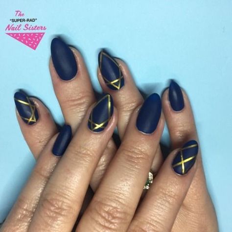 Geo navy #navynails #goldstripingtape #nailart... Navy Abstract Nails, Navy And Gold Gel Nails, Navy Blue And Tan Nails, Fall Nails Navy Blue And Gold, Navy And Mustard Nails, Navy And Gold Nail Ideas, Matte Navy Blue Nails, Dark Blue And Gold Nails, Navy Blue And Gold Nails