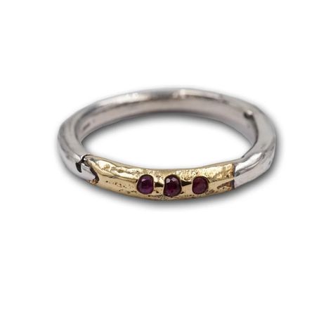 Metal Atelier 14K and Sterling Silver Ruby Ring | Poet and the Bench Mixed Metal Jewelry Stack, Mixed Metal Ring Stack, Mixed Metal Wedding Band, Sabi Aesthetic, Silver And Gold Ring, Mixed Metal Ring, Gold And Silver Ring, Unique Sterling Silver Jewelry, Wabi Sabi Aesthetic