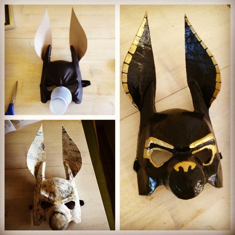 DIY Anubis Mask...made from a plastic mask, cardboard ears and a plastic cup. Paper mâché and paint with gold & black paint and done! Pharaoh Mask Craft, Diy Pharaoh Headpiece, Anubis Mask Template, Anubis Mask Diy, Mask Cardboard, Anubis Costume, Egyptian Mask Ancient Egypt, Ancient Egypt Cosplay, Anubis Mask