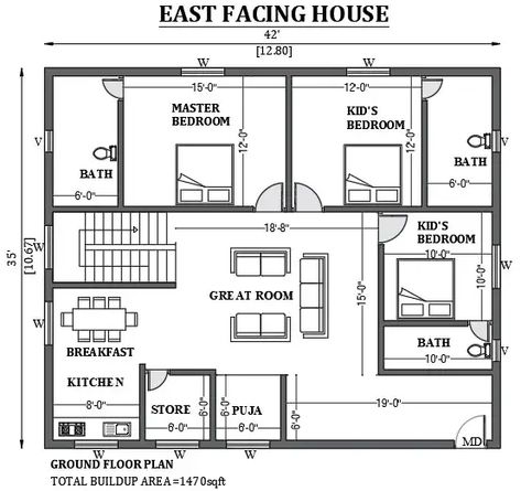 42'x35' East facing house plan as per Vastu shastra is given in this FREE 2D Autocad drawing file. The total built-up area of the plan is 1470sqft. download this 2D Autocad drawing file. 40 By 40 House Plans Design, East Facing Duplex House Plan Vastu, 35×40 House Plan, 30x40 House Plans East Facing With Vastu, Three Bedroom House Plan Three Bedroom House Plans Modern, 30x30 House Plans 2 Bedroom, Free House Plans 3 Bedroom, Revit Plan, East Facing House Plan Vastu