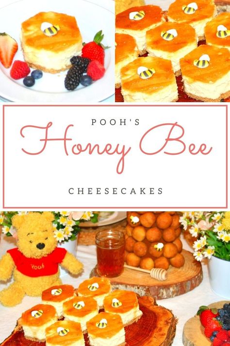 This springtime weather has put Pooh Bear in the mood for honey so we’ve baked up some Honey Bee Cheesecake! This creamy honey infused dessert is cut into hexagon portions and is drizzled with honey and topped with a little candy bee. Bee Cheesecake, Winnie The Pooh Tea Party, Bee Cheese, Honey Cheesecake, Creamy Honey, Pooh Bear, Pixie Dust, In The Mood, Honey Bee