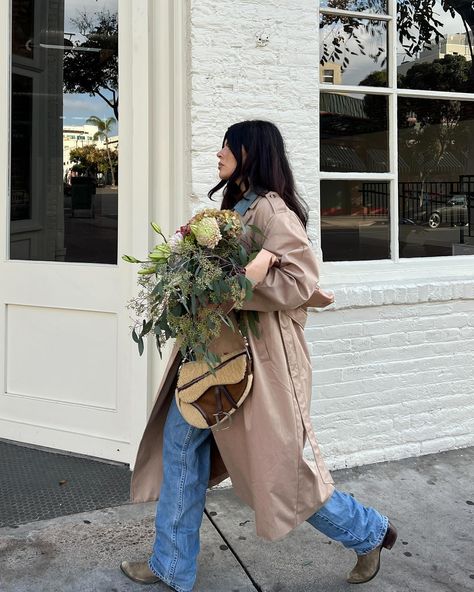 san diego fall wearing denim on denim layered with a trench coat, paired with cowboy boots🤎 Denim On Denim, Cowboy Boots, San Diego, Trench Coat, Cowboy, Boots, How To Wear