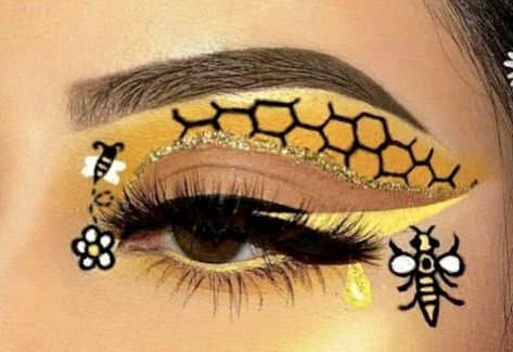 Honeycomb Eye Makeup, Bumble Bee Eye Makeup, Bee Themed Makeup, Bee Makeup Look, Transformers Makeup, Bumble Bee Makeup, Bumblebee Makeup, Bee Makeup, Face Art Makeup