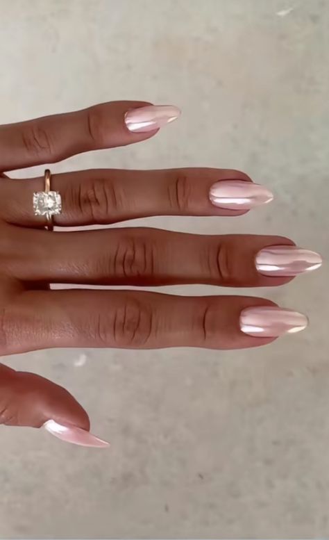 Elegant Milky Nails, Nails To Wear To A Wedding, Nail Inspo For Wedding Guest, Baby Pink Nails Chrome, Sweet Sixteen Nails Ideas, Pink Almond Chrome Nails, Sugarplum Nails, Pink Pearlescent Nails, Neutral Bridesmaid Nails