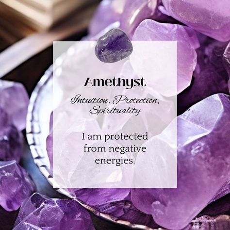 Amethyst is associated with intuition, protection and spirituality. When you're working with amethyst affirmations, try using "I am protected from negative energies". Use this affirmation during your meditation and visualization practices 🧘‍♀️🔮 Crystal Grimoire, I Am Protected, Crystals For Beginners, Amethyst Crystals, Meditation Techniques, Power Crystals, Daily Ritual, Crystal Meanings, Pink Amethyst