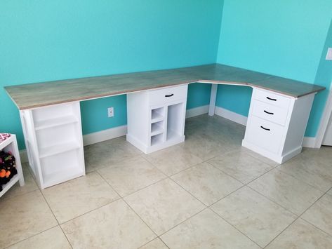 L Shape Desk With Storage, Corner Office Space Ideas, Diy Craft Desk With Storage, Craft Space In Bedroom, Craft Desk Ideas, Craft Table Ideas, Crafting Desk, Craft Room Desk, Diy Corner Desk