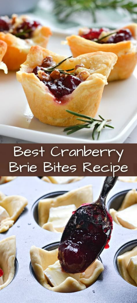 Cranberry and brie appetizers are perfect during the holiday season. This cranberry brie bites recipe is hand-held cups of crescent dough filled with creamy brie, tart/sweet cranberries, crunchy pecans, and a sprig of rosemary. Brie Appetizers, Brie Tart, Cranberry And Brie, Cranberry Appetizer, Cranberry Brie Bites, Brie Appetizer, Cranberry Brie, Brie Bites, Brie Recipes