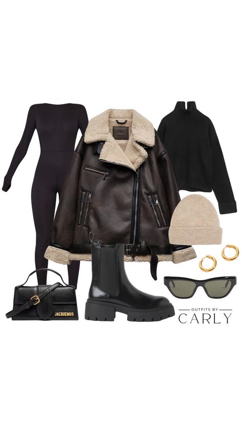 A black bodysuit, black turtleneck jumper, black sunglasses, gold hooped earrings, a cream-coloured knitted beanie, a black Jacquemus handbag, and black chunky boots. Winter Aviator Jacket Outfit, Uk Outfit Women Winter, Zara Brown Jacket Outfit, Full Body Suit Outfits Winter, Brown Aviator Jacket Outfit Winter Style, Zara Aviator Jacket Outfit, Brown Autumn Outfit, Outfits With Brown Jacket, Chunky Brown Boots Outfit