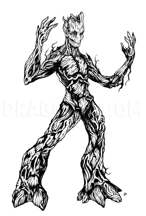 How To Draw Groot, Guardians Of The Galaxy, Step by Step, Drawing Guide, by KingTutorial | dragoart.com Groot Drawing Sketches, Galaxy Drawing Ideas, Guardians Of The Galaxy Drawing, Galaxy Drawing, Human Ribs, Groot Guardians Of The Galaxy, Animal Stencil Art, Galaxy Drawings, Rocket Tattoo