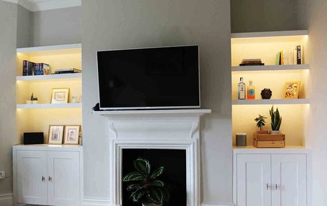 Tv Alcove, Shelves Alcove, Alcove Storage Living Room, Alcove Bookshelves, Living Room Built In Cabinets, Alcove Lighting, Alcove Ideas Living Room, Alcove Shelves, Alcove Cabinets