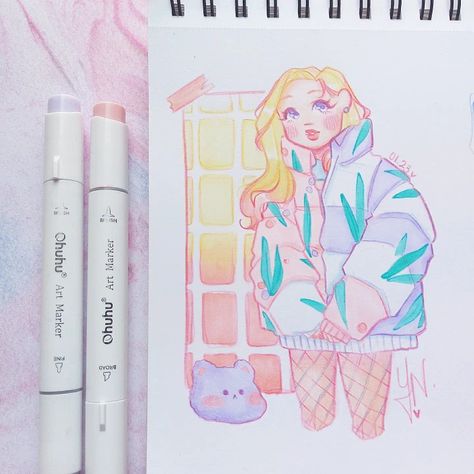 Pastel tones / Shy girl pose Ohuhu Pastel Markers, Alcohol Markers Art Ideas For Beginners, Ohuhu Drawings, Ohuhu Art, Alcohol Markers Art, 3 Marker Challenge, Copic Marker Drawings, Markers Art, Markers Drawing Ideas