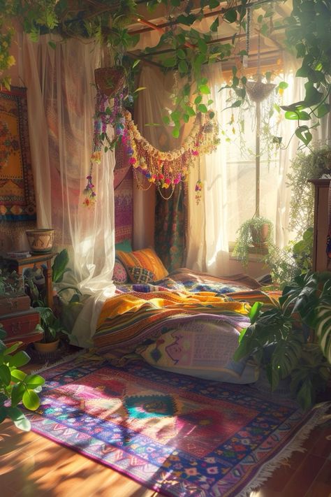 Magic Home Aesthetic, Colourful Boho Bedroom, Flowy Curtains, Rustic Wooden Floor, Fairy Core Room, Vines Hanging, Jungle Theme Party, Fake Vines, Colorful Cushions