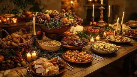 Medieval Feast Table Setting | Premium AI-generated image Feast Table Wedding, Medieval Feast Table, Royal Feast Aesthetic, Medieval Table Setting, Medieval Dinner Party, Feast Table Setting, Fantasy Feast, Medieval Dinner, Feast Table