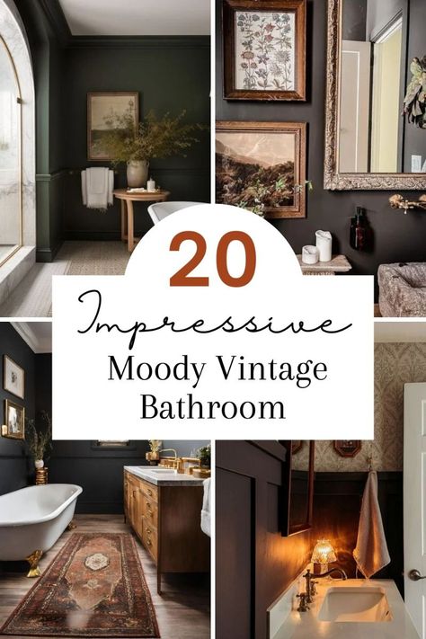 Bathroom Traditional Decor, Elegant Vintage Decor, Dark Moody Powder Room Ideas, Moody Master Bath Inspiration, Dramatic Bathroom Ideas, Dark Bathroom Colors, Bathroom Palette Ideas, Moody Bathroom Colors, Moody Guest Bathroom