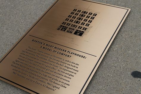 Gaiety Theater, Boston MA. We worked with Trace Design Group to create this etched-bronze sign and commemorate a lost bit of Jazz-Age history in Boston http://www.impactsigns.com/etched-bronze-plaque-memorializes-a-lost-jazz-age-landmark/ Bronze Signage, Exhibition Entrance, Commemorative Plaque, Plaque Design, Donor Wall, History Wall, Bronze Plaque, Brass Plaques, Stone Engraving