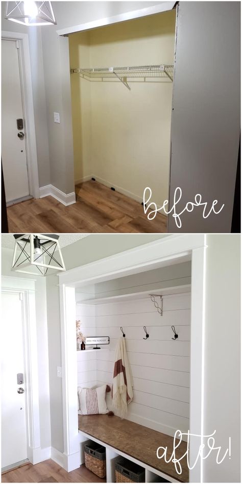 Closet Into Mudroom, Entry Way Closet, Entry Closet Makeover, Storage For Shoes, Mudroom Remodel, Entry Closet, Entryway Closet, Mudroom Decor, Closet Renovation