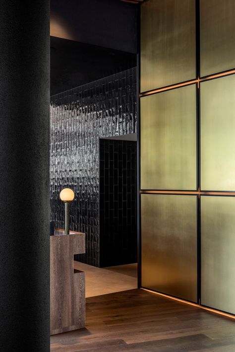 Hotel Lobby Bar, Metallic Bar Design, Industrial Hotel Lobby, Elevator Lobby Design Luxury, Metal Interior Design, Backlit Perforated Metal, Creative Room Dividers, Restaurant Entrance, Room Partition Wall