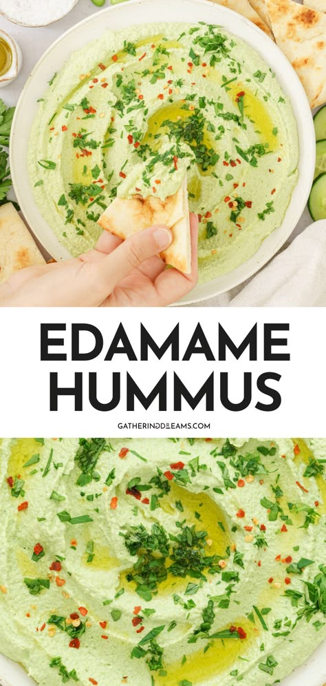 Nothing beats a portion of this creamy edamame hummus served with a handful of fresh vegetables or some warm pita bread! Not only is it loaded with tons of plant-based protein, but it’s bright, tangy, and oh-so-tasty. Edamame Hummus Recipe, Edamame Dip, Edamame Pasta, Best Hummus Recipe, Edamame Hummus, Edamame Recipes, Recipes By Ingredients, Protein Snack, Yummy Healthy Snacks