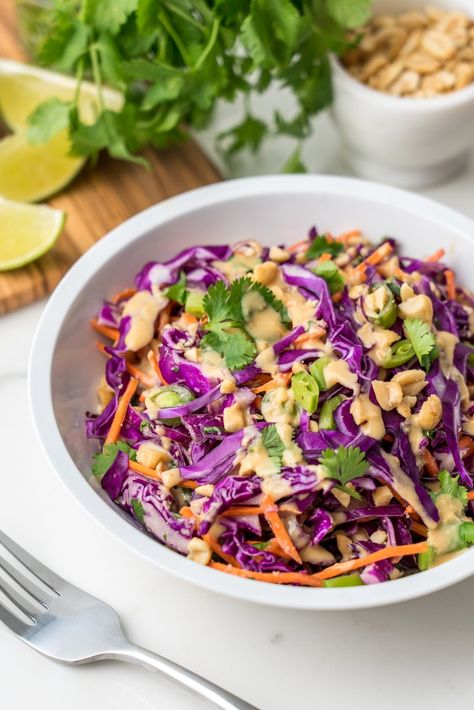 Leftover Purple Cabbage, Purple Cabbage Salad Recipe, Purple Cabbage Salad, Purple Cabbage Recipes, Bbq Spread, Salad With Peanut Dressing, Cabbage Salad Recipes, Peanut Dressing, Thai Peanut