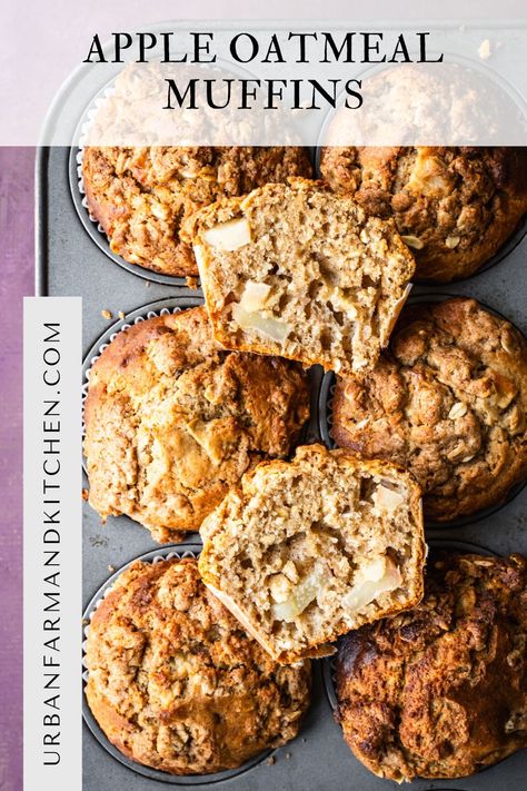 Apple Oatmeal Muffins with Crisp Topping Apple Muffins With Greek Yogurt, Oatmeal Apple Muffins, Apple Cinnamon Oatmeal Muffins, Apple Muffins Healthy, Apple Oatmeal Muffins, Crisp Topping, Apple Cinnamon Oatmeal, Oatmeal Bread, Apple Oatmeal