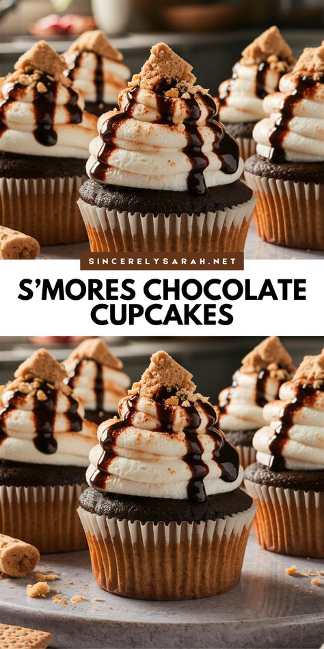 Discover "S’mores Chocolate Cupcakes" 🍫🌟—a delicious twist on a favorite treat! These cupcakes combine chocolate cake, marshmallow frosting, and graham cracker crumbs for a perfect bite. Easy to make and fun to eat, they’re ideal for any celebration. Fun Chocolate Cupcakes, Chocolate Marshmallow Cupcakes, S’more Cupcake Recipe, S’more Cupcakes, S’mores Cupcake, Cupcake Smores, Smore Dessert, Chocolate Cake Marshmallow, Camping Cupcakes