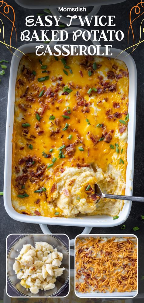 This twice baked potato casserole, with creamy mashed potatoes, melty cheddar cheese, and crispy bacon bits, is the ultimate comfort food for your 4th of July feast. Dive in and enjoy the deliciousness! Stuffed Baked Potato Casserole, Twiced Baked Mashed Potato Casserole, Double Baked Mashed Potatoes, Baked Potatoe Casserole Recipes, Twice Baked Potatoe Casserole, Baked Mashed Potato Casserole, Recipes With Mashed Potatoes, Mashed Potatoes Casserole, Twice Baked Potato Casserole Recipe