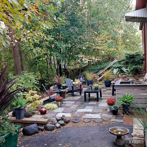 Eclectic Patio Stone Patio, Garden Makeover, Beautiful Yards, Diy Gardening, Have Inspiration, Landscape Plans, Side Yard, Patio Ideas, Backyard Oasis