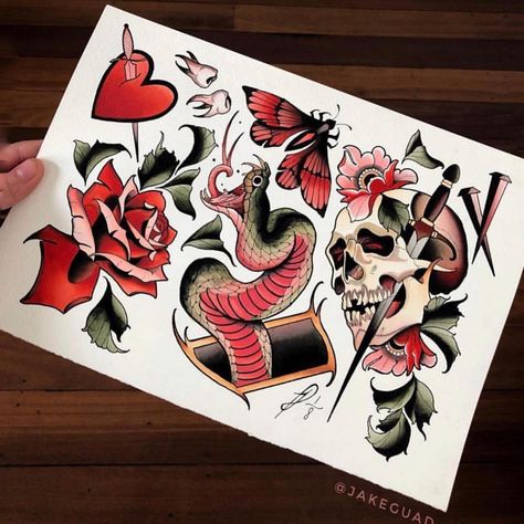 Gefällt 1,106 Mal, 10 Kommentare - Tattoo Flash Club™️ (@tattooflashclub) auf Instagram: „Introducing @jakeguad. The apprentice that paints way better than you. And me. And god. 🔥 •…“ Tattoo Painting Canvas, Neo Traditional Painting, Neotraditional Flash Sheet, Neo Trad Flash Sheet, Neo Traditional Flash Tattoo, Tattoo Flash Painting, Neo Traditional Flash Sheet, Flash Art Color, Neotraditional Tattoo Flash Sheet