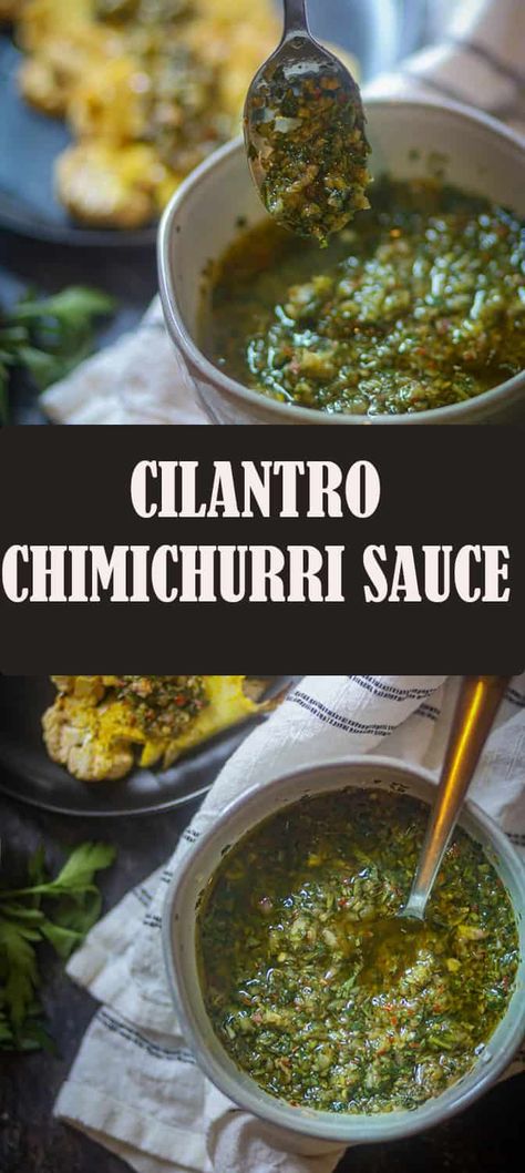 Cilantro Chimichurri Sauce is fresh, delicious, tangy, and bursting with flavors of Cilantro, garlic, oregano, onion, and olive oil. And it can be made in just 5 minutes. #chimichurrisauce #cilantro #condiment #dippingsauce Cilantro Onion Lime Relish, Chimichurri Sauce Cilantro, Elote Cart, Mexican Bunuelos, Mexican Bunuelos Recipe, Cilantro Chimichurri Sauce, Bunuelos Recipe, Cilantro Chimichurri, Best Sauce Recipe